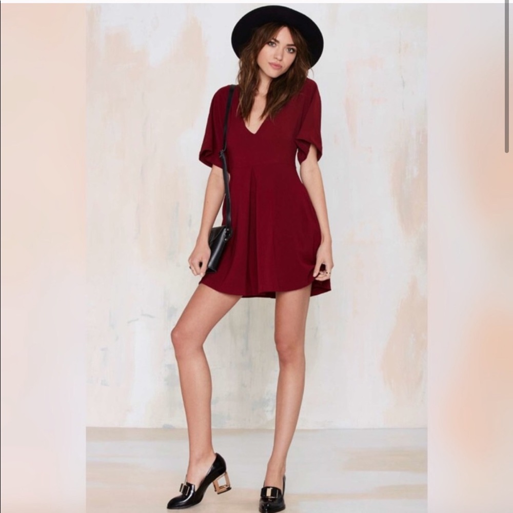 V-Neck Pleated Wine Mini Dress by Nasty Gal